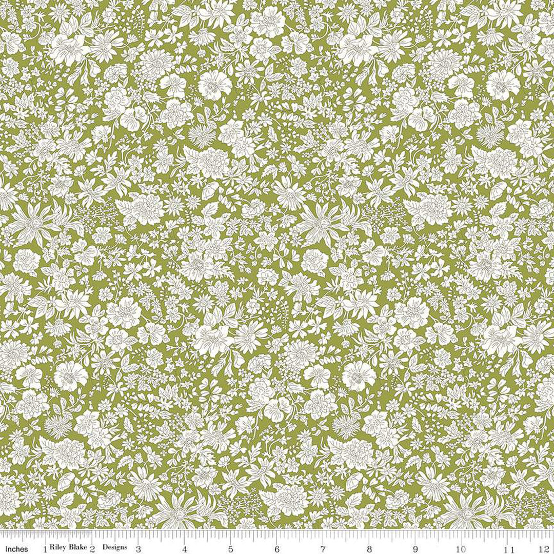 Cotton quilting fabric pattern called 'Caterpillar'. Part of the 'Emily Belle' fabric collection. Designed by Liberty Fabrics for fabric company  Riley Blake. SKU: 01666440A . 44-45 inch width.