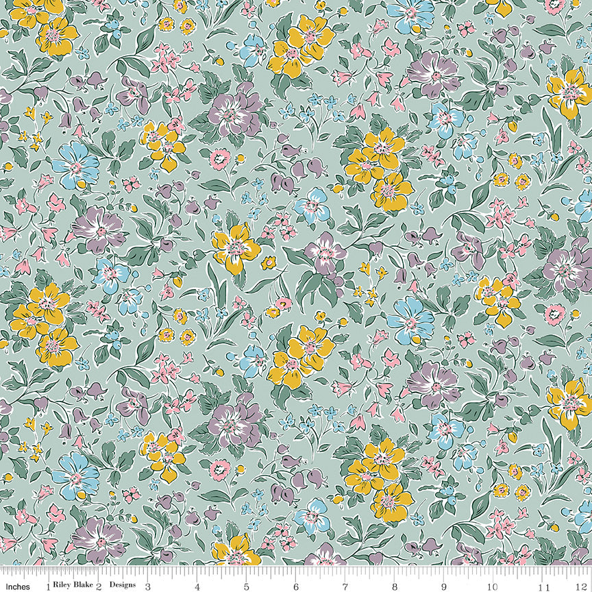 Lasenby Cotton quilting fabric pattern called 'Spring Petals A'. Part of the 'Heirloom Spring' fabric collection. Designed by Liberty Fabrics for the Riley Blake fabric company. SKU: 016673100A. 44-45 inch width.