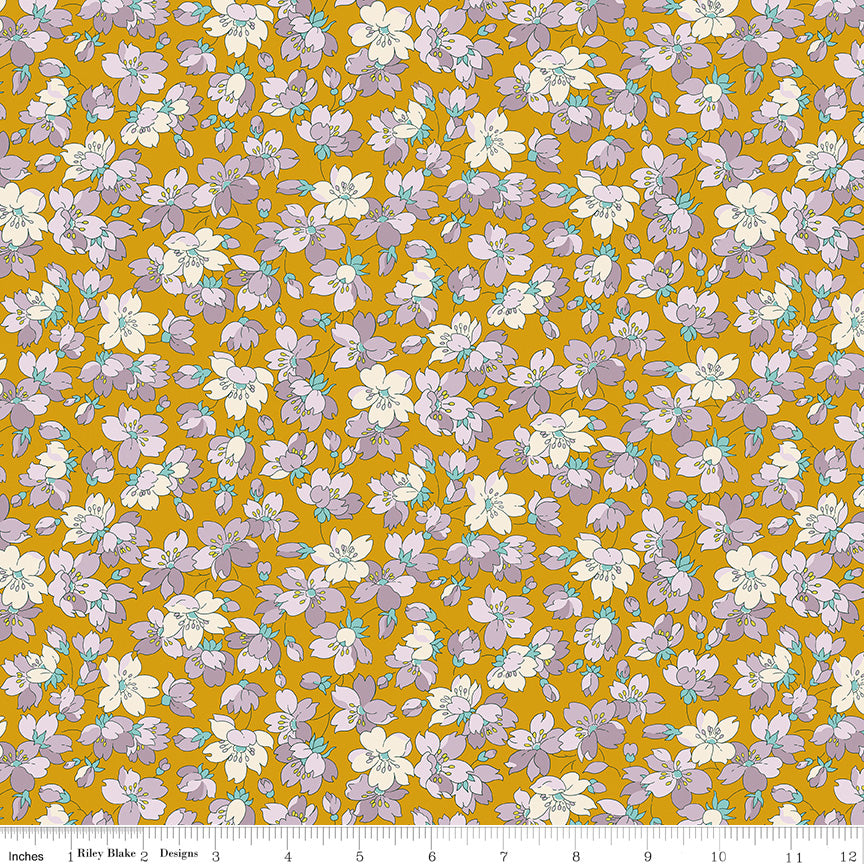 Lasenby Cotton quilting fabric pattern called 'Anemone Charm A'. Part of the 'Heirloom Spring' fabric collection. Designed by Liberty Fabrics for the Riley Blake fabric company. SKU: 016673101A. 44-45 inch width.