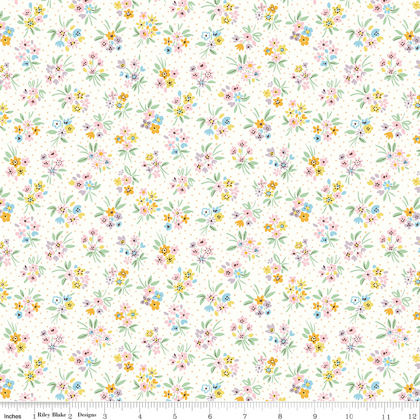 Lasenby Cotton quilting fabric pattern called 'Beatrice Bouquet A'. Part of the 'Heirloom Spring' fabric collection. Designed by Liberty Fabrics for the Riley Blake fabric company. SKU: 016673102A. 44-45 inch width.