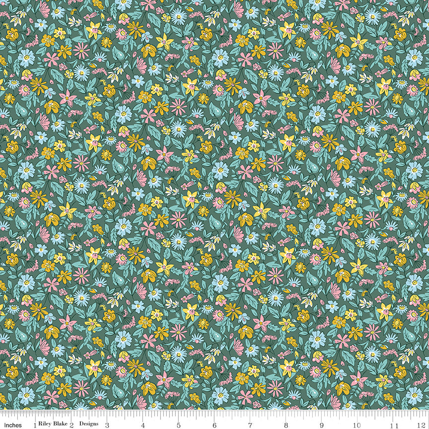 Lasenby Cotton quilting fabric pattern called 'Morning Meadow A'. Part of the 'Heirloom Spring' fabric collection. Designed by Liberty Fabrics for the Riley Blake fabric company. SKU: 016673104A. 44-45 inch width.