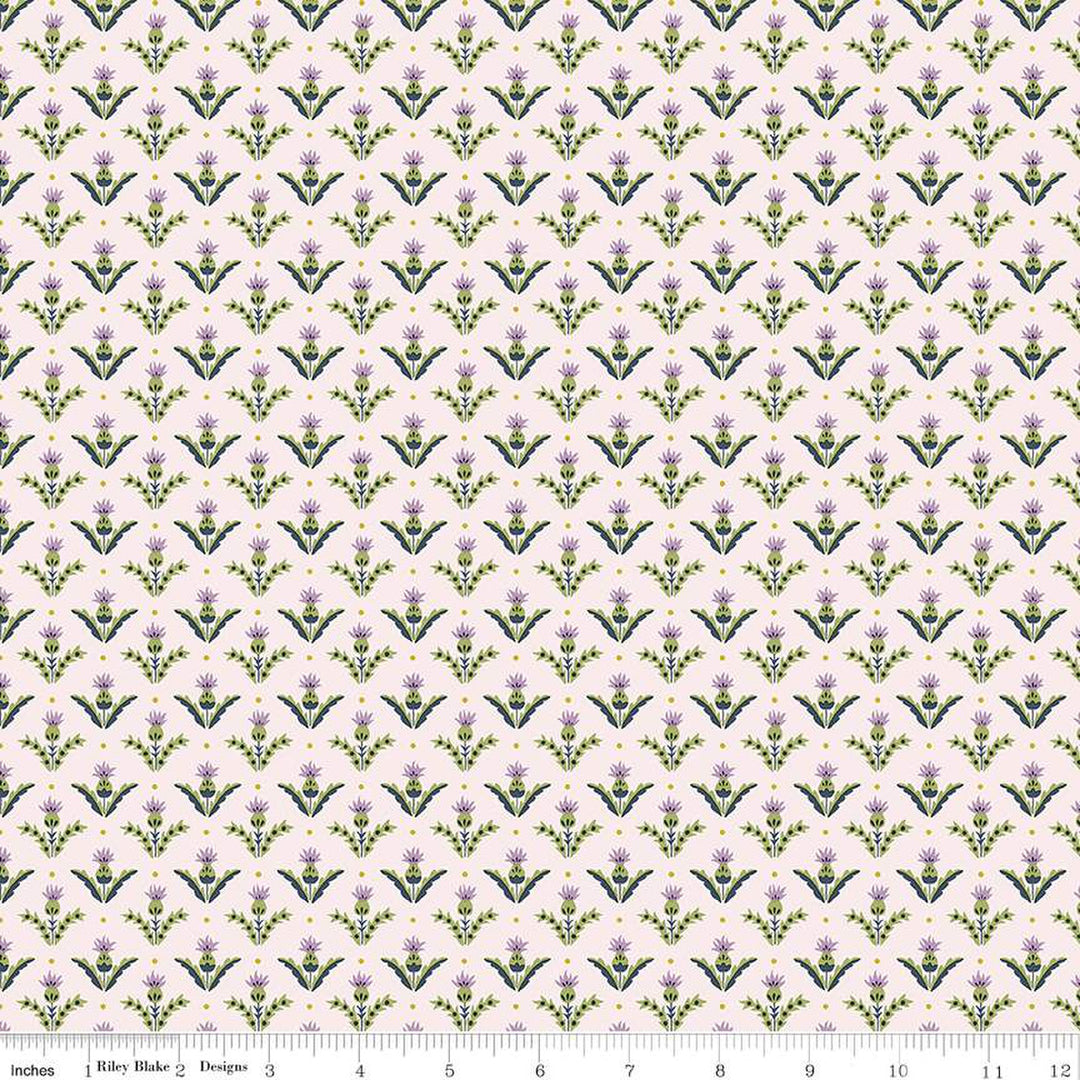 Cotton quilting fabric pattern called 'Tay Thistle A'. Part of the 'Postcard from the Highlands' fabric collection. Designed by Liberty Fabrics for fabric company  Riley Blake. SKU: 01667355A. 44-45 inch width.