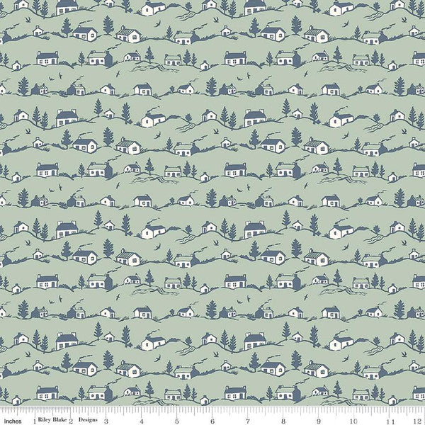 Cotton quilting fabric pattern called 'Coastal Cottages A'. Part of the 'Postcard from the Highlands' fabric collection. Designed by Liberty Fabrics for fabric company  Riley Blake. SKU: 01667356A. 44-45 inch width.