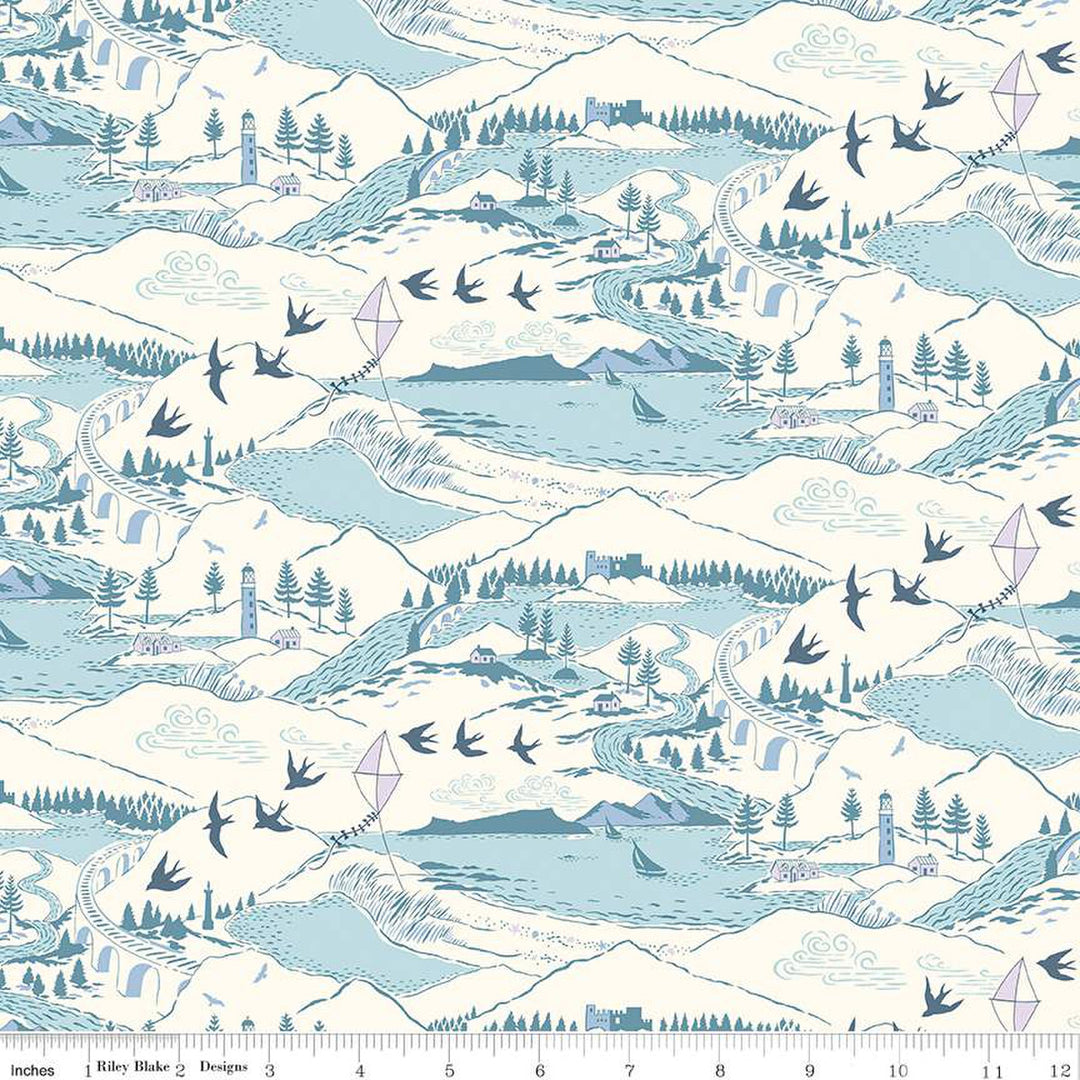 Cotton quilting fabric pattern called 'Highlands and Islands A'. Part of the 'Postcard from the Highlands' fabric collection. Designed by Liberty Fabrics for fabric company  Riley Blake. SKU: 01667358A. 44-45 inch width.