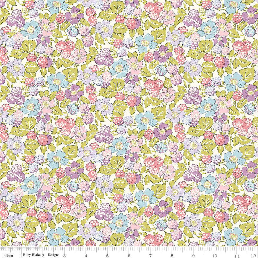 Cotton quilting fabric pattern called 'Raspberry Forage A'. Part of the 'Postcard from the Highlands' fabric collection. Designed by Liberty Fabrics for fabric company  Riley Blake. SKU: 01667359A. 44-45 inch width.