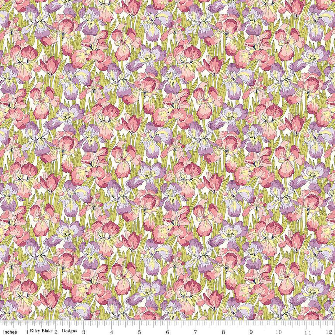 Cotton quilting fabric pattern called 'Iris Muriel A'. Part of the 'Postcard from the Highlands' fabric collection. Designed by Liberty Fabrics for fabric company  Riley Blake. SKU: 01667360A. 44-45 inch width.