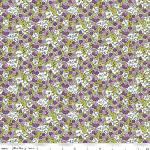 Cotton quilting fabric pattern called 'Sweet Blackberries A'. Part of the 'Postcard from the Highlands' fabric collection. Designed by Liberty Fabrics for fabric company  Riley Blake. SKU: 01667362A. 44-45 inch width.