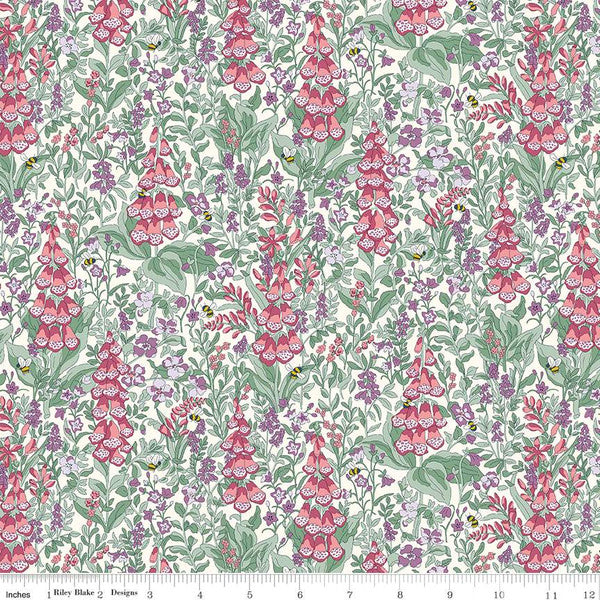 Cotton quilting fabric pattern called 'Mull Foxgloves A'. Part of the 'Postcard from the Highlands' fabric collection. Designed by Liberty Fabrics for fabric company  Riley Blake. SKU: 01667363A. 44-45 inch width.