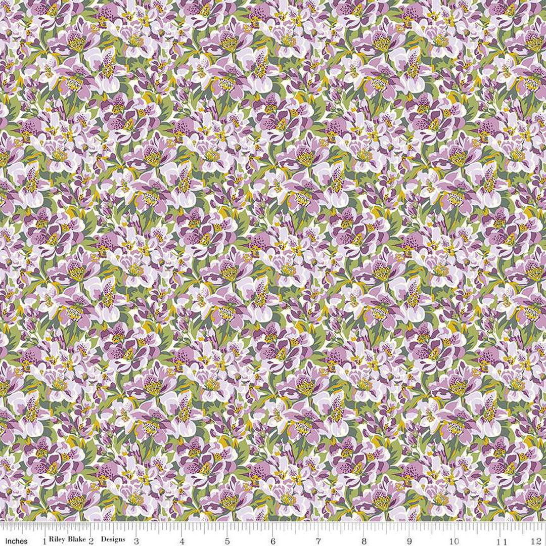 Cotton quilting fabric pattern called 'Hillside Rhododendron A'. Part of the 'Postcard from the Highlands' fabric collection. Designed by Liberty Fabrics for fabric company  Riley Blake. SKU: 01667364A. 44-45 inch width.