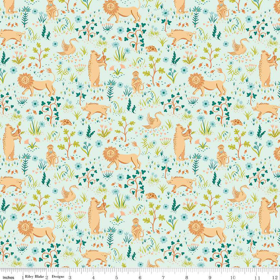 Cotton quilting fabric pattern called 'Canopy Greens Tudor Fauna'. Part of the 'Liberty Tree of Life' fabric collection. Designed by Liberty Fabrics for fabric company  Riley Blake. SKU: 01667370A. 44-45 inch width.