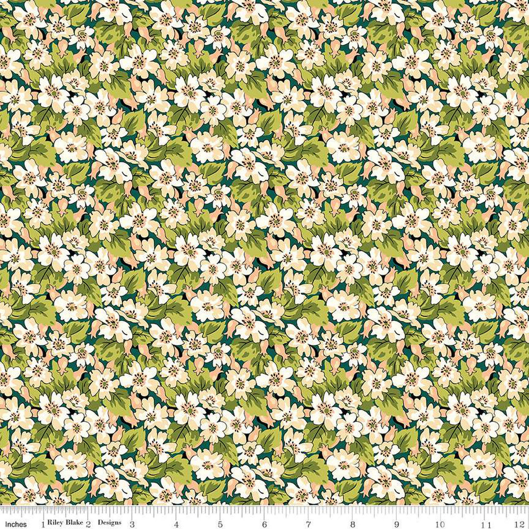 Cotton quilting fabric pattern called 'Canopy Greens Somerset Hedgerow'. Part of the 'Liberty Tree of Life' fabric collection. Designed by Liberty Fabrics for fabric company  Riley Blake. SKU: 01667371A. 44-45 inch width.