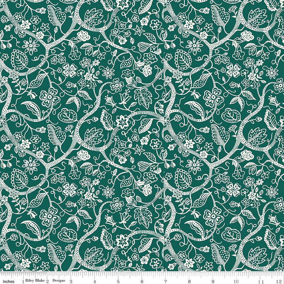 Cotton quilting fabric pattern called 'Canopy Greens Budding Branches'. Part of the 'Liberty Tree of Life' fabric collection. Designed by Liberty Fabrics for fabric company  Riley Blake. SKU: 01667372A. 44-45 inch width.