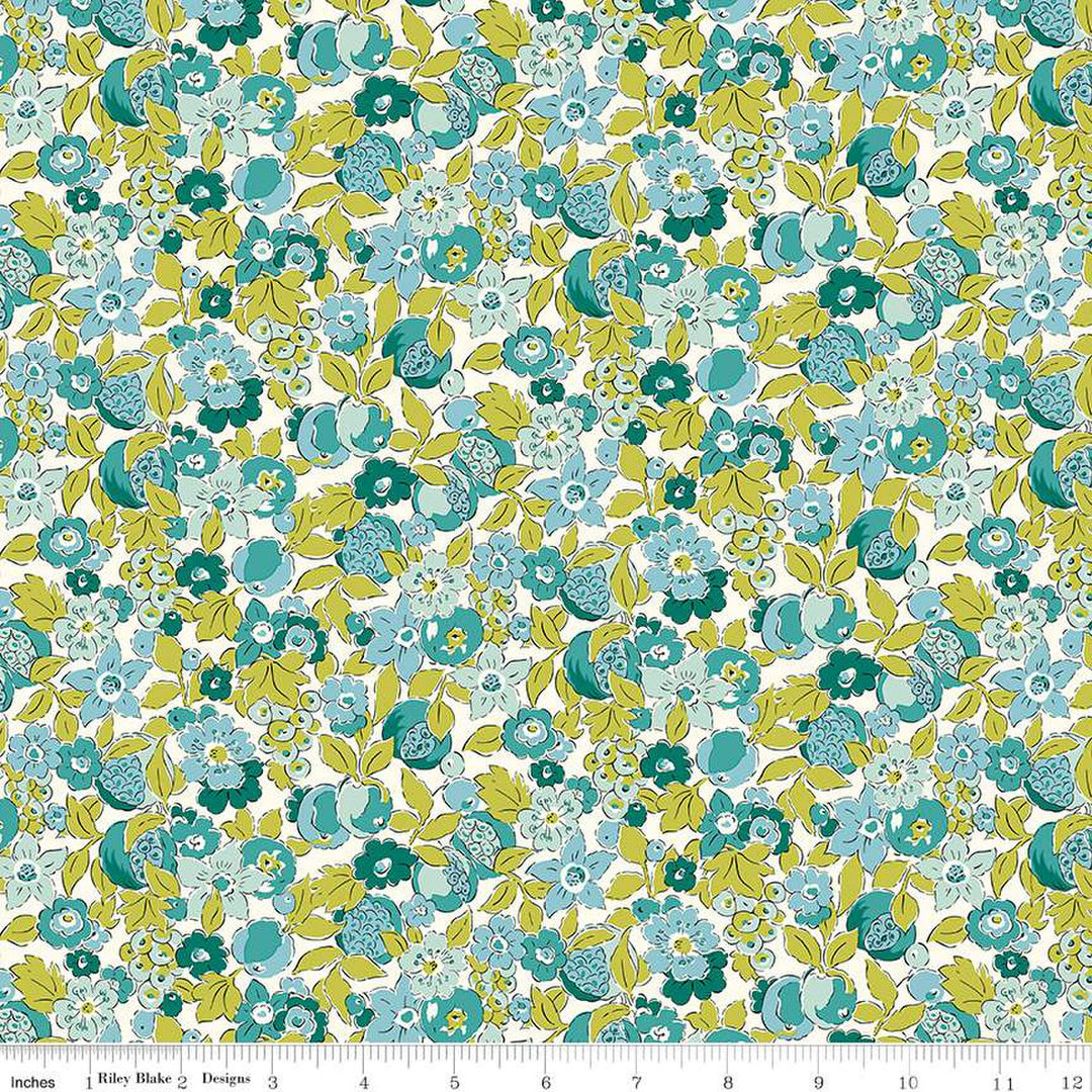 Cotton quilting fabric pattern called 'Canopy Greens Bountiful Fruits'. Part of the 'Liberty Tree of Life' fabric collection. Designed by Liberty Fabrics for fabric company  Riley Blake. SKU: 01667373A. 44-45 inch width.