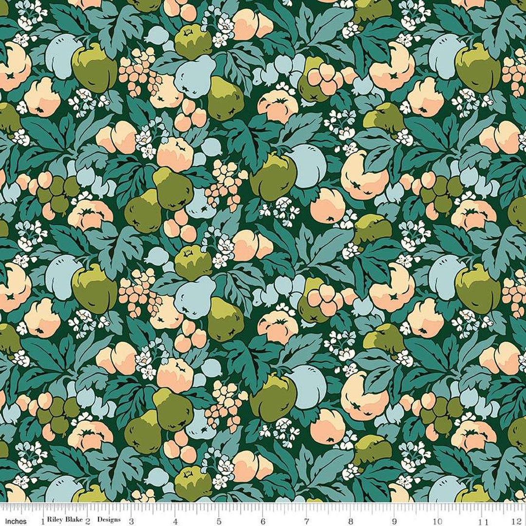 Cotton quilting fabric pattern called 'Canopy Greens Orchard Harvest'. Part of the 'Liberty Tree of Life' fabric collection. Designed by Liberty Fabrics for fabric company  Riley Blake. SKU: 01667374A. 44-45 inch width.