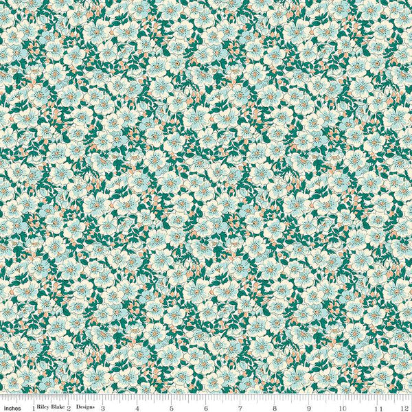 Cotton quilting fabric pattern called 'Canopy Greens Dina Blossom A'. Part of the 'Liberty Tree of Life' fabric collection. Designed by Liberty Fabrics for fabric company  Riley Blake. SKU: 01667375A. 44-45 inch width.