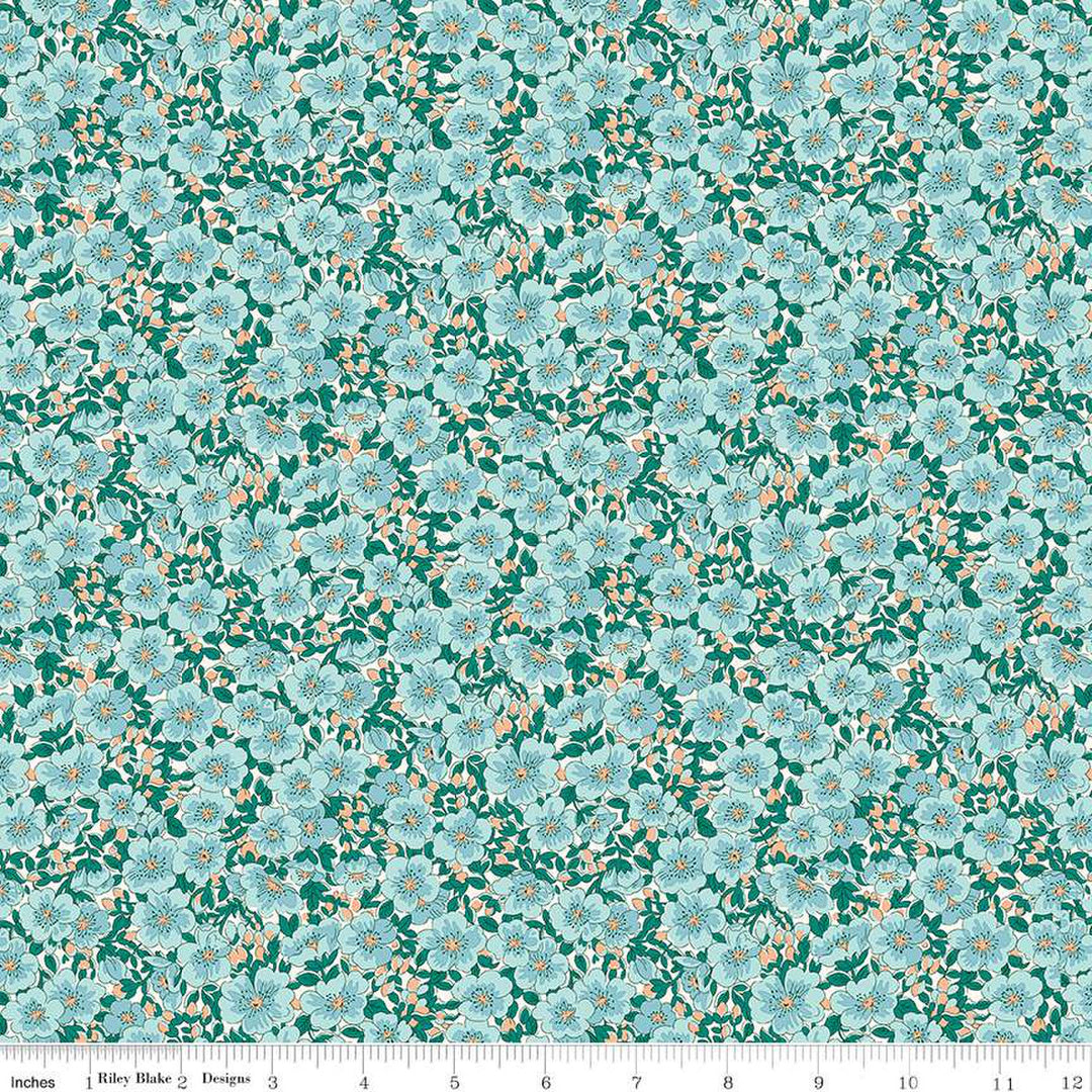 Cotton quilting fabric pattern called 'Canopy Greens Dina Blossom B'. Part of the 'Liberty Tree of Life' fabric collection. Designed by Liberty Fabrics for fabric company  Riley Blake. SKU: 01667375B. 44-45 inch width.