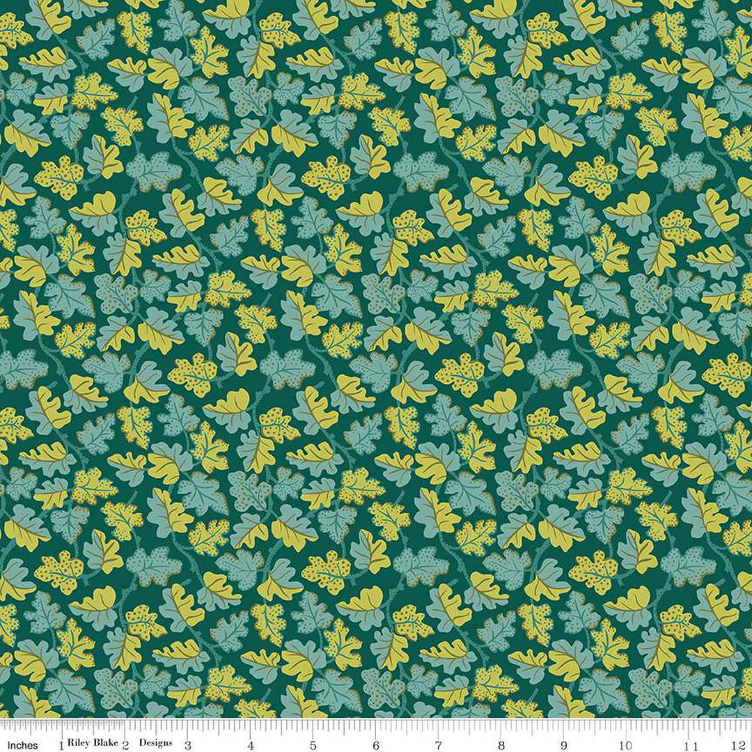 Cotton quilting fabric pattern called 'Canopy Greens Spotted Oak'. Part of the 'Liberty Tree of Life' fabric collection. Designed by Liberty Fabrics for fabric company  Riley Blake. SKU: 01667377A. 44-45 inch width.