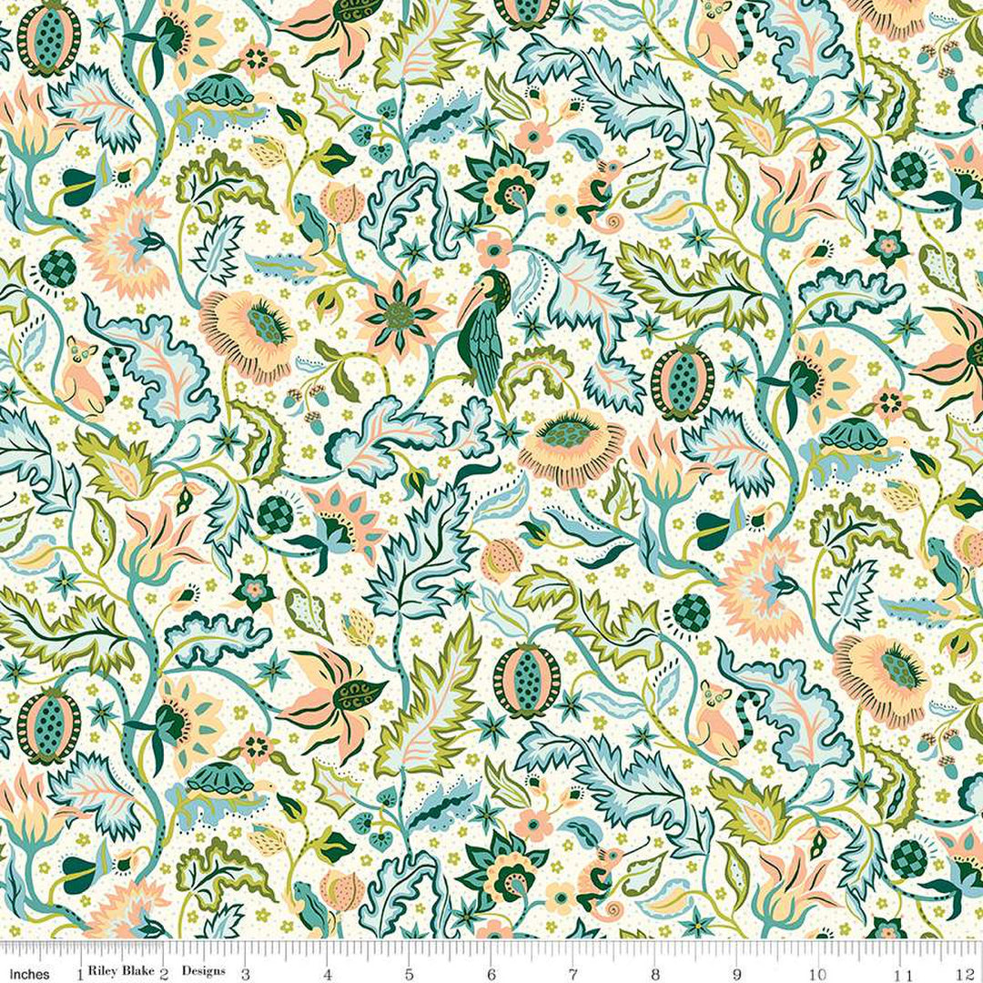 Cotton quilting fabric pattern called 'Canopy Greens Liberty Tree'. Part of the 'Liberty Tree of Life' fabric collection. Designed by Liberty Fabrics for fabric company  Riley Blake. SKU: 01667378A. 44-45 inch width.