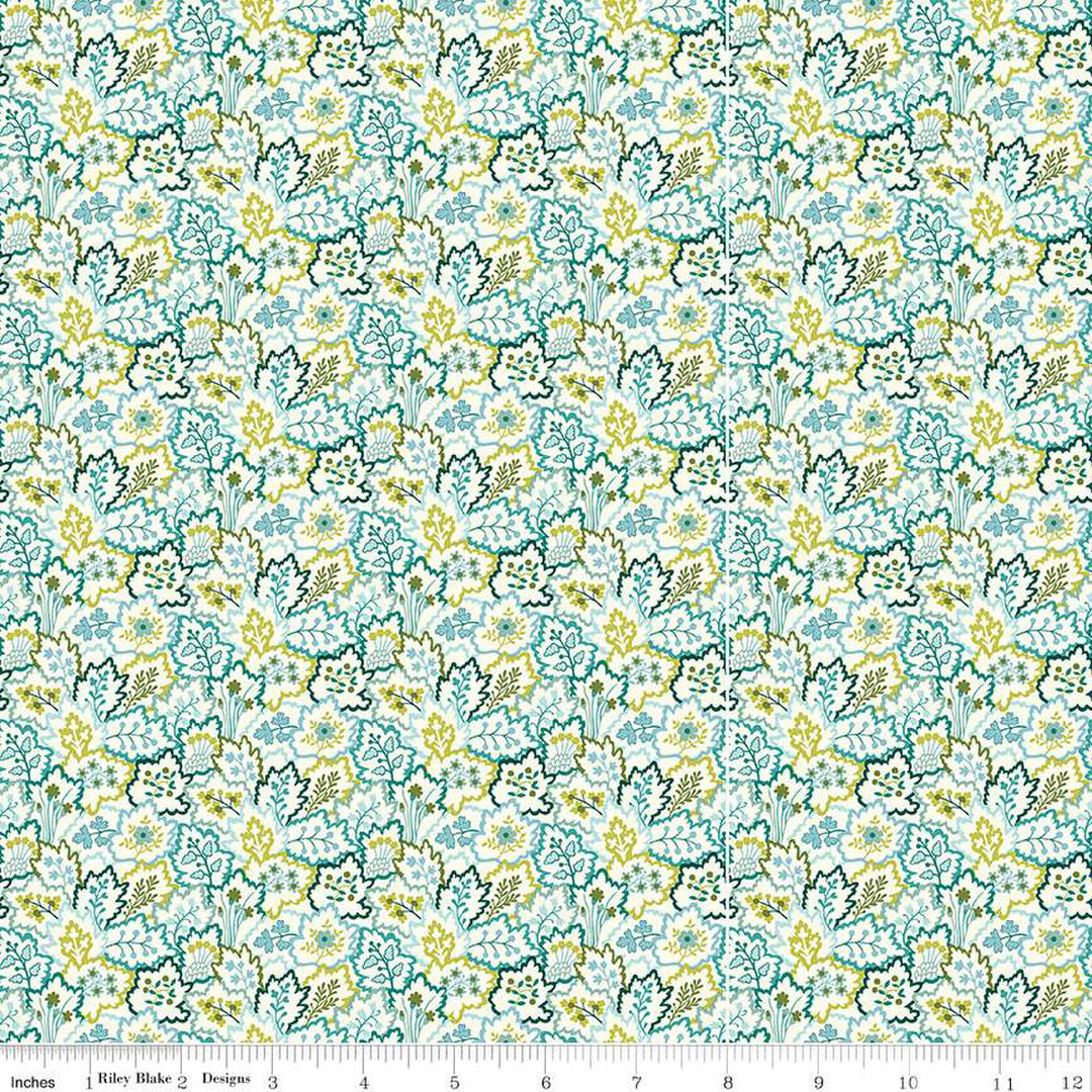 Cotton quilting fabric pattern called 'Canopy Greens Cascading Leaves'. Part of the 'Liberty Tree of Life' fabric collection. Designed by Liberty Fabrics for fabric company  Riley Blake. SKU: 01667379A. 44-45 inch width.