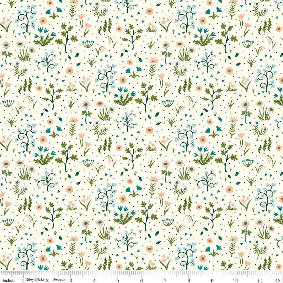 Cotton quilting fabric pattern called 'Canopy Greens Sappling Wood'. Part of the 'Liberty Tree of Life' fabric collection. Designed by Liberty Fabrics for fabric company  Riley Blake. SKU: 01667380A. 44-45 inch width.