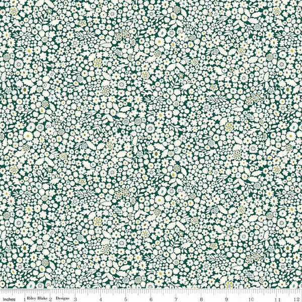 Cotton quilting fabric pattern called 'Canopy Greens Floral Glade'. Part of the 'Liberty Tree of Life' fabric collection. Designed by Liberty Fabrics for fabric company  Riley Blake. SKU: 01667381A. 44-45 inch width.