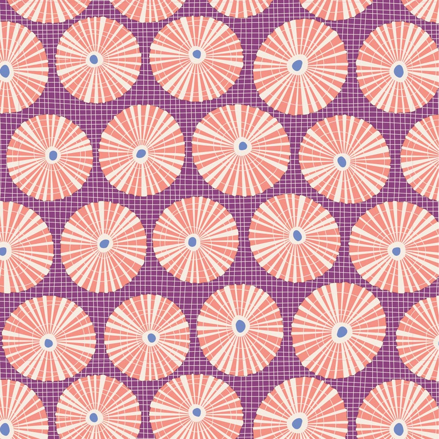 Cotton quilting fabric pattern called 'Limpet Shell in Lilac'. Part of the 'Cotton Beach' fabric collection. Designed by Tilda Fabrics for the Tilda Fabrics fabric company. SKU: 100323. 44-45 inch width.