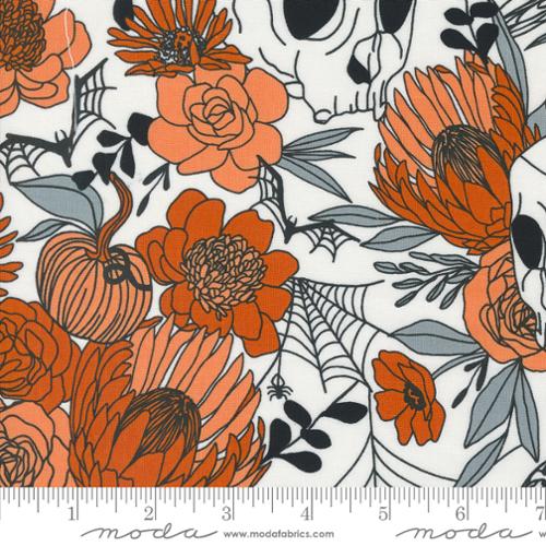 Cotton quilting fabric pattern called 'Haunted Garden in Ghost Pumpkin'. Part of the 'Noir' fabric collection. Designed by Alli K Design for fabric company Moda. SKU: 11540 11. 44-45 inch width.