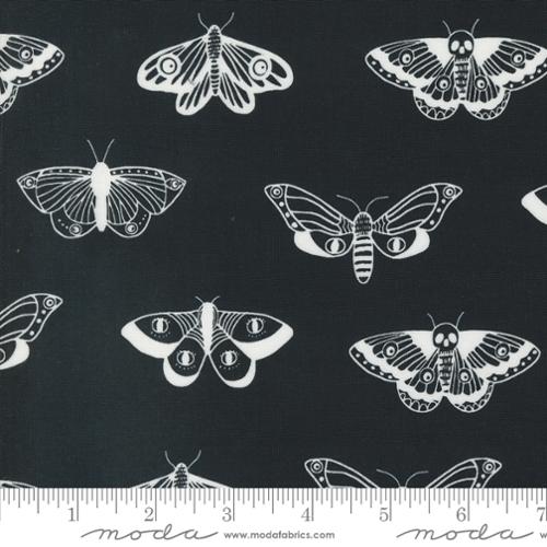 Cotton quilting fabric pattern called 'Mystic Moth in Midnight Ghost'. Part of the 'Noir' fabric collection. Designed by Alli K Design for fabric company Moda. SKU: 11543 23. 44-45 inch width.