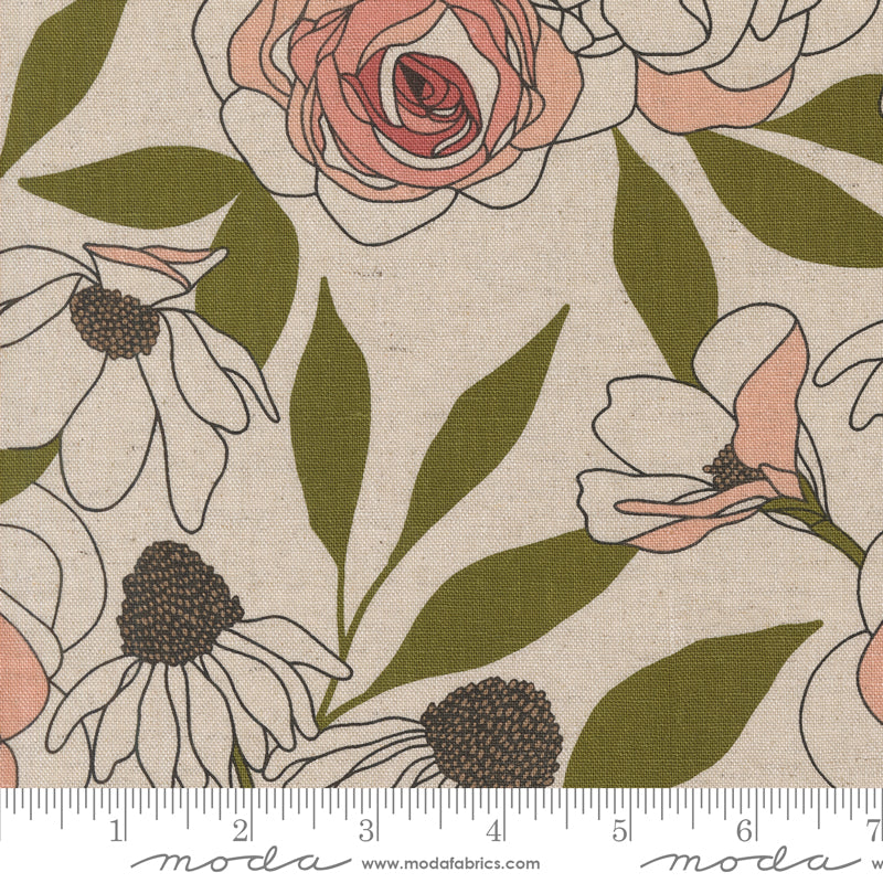 Cotton quilting fabric pattern called 'Mochi Linen in Paper'. Part of the 'Botany' fabric collection. Designed by Alli K Design for fabric company MODA. SKU: 11550 11L. 44-45 inch width.