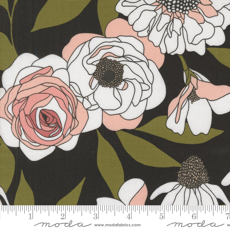 Cotton quilting fabric pattern called 'Cabbage Rose in Ink'. Part of the 'Botany' fabric collection. Designed by Alli K Design for fabric company MODA. SKU: 11550 12. 44-45 inch width.