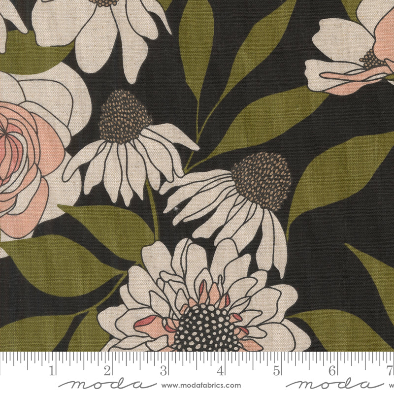 Cotton quilting fabric pattern called 'Mochi Linen in Ink'. Part of the 'Botany' fabric collection. Designed by Alli K Design for fabric company MODA. SKU: 11550 12L. 44-45 inch width.