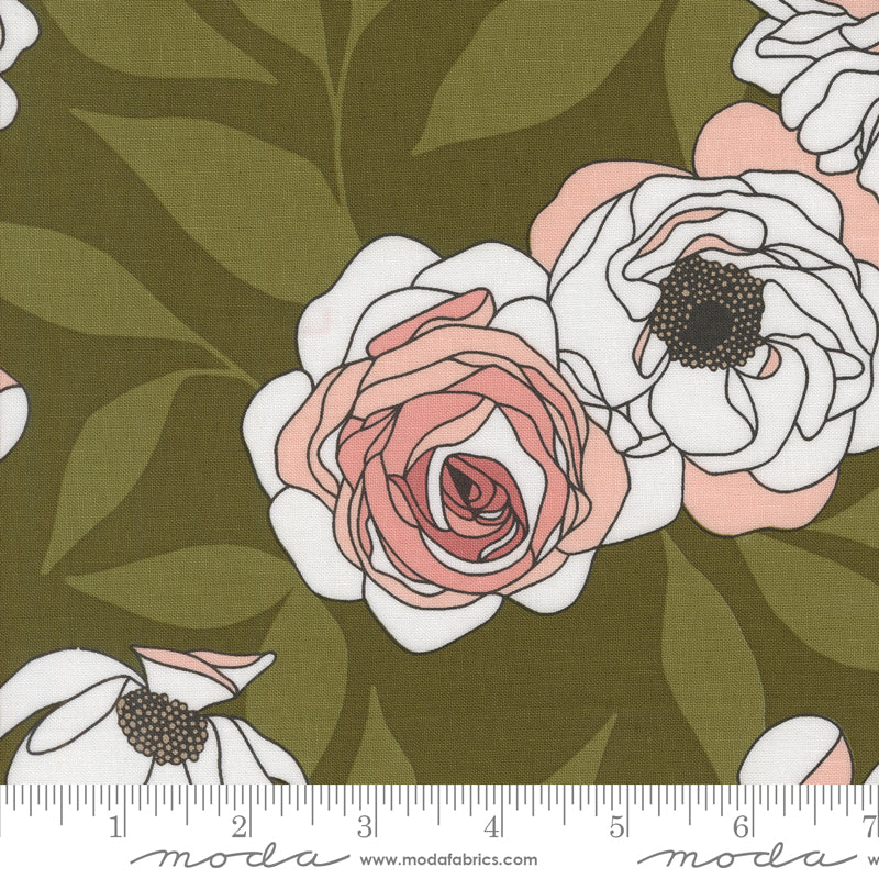 Cotton quilting fabric pattern called 'Cabbage Rose in Monstera'. Part of the 'Botany' fabric collection. Designed by Alli K Design for fabric company MODA. SKU: 11550 19. 44-45 inch width.