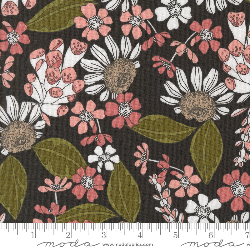 Cotton quilting fabric pattern called 'Garden Bouquet in Ink'. Part of the 'Botany' fabric collection. Designed by Alli K Design for fabric company MODA. SKU: 11552 12. 44-45 inch width.