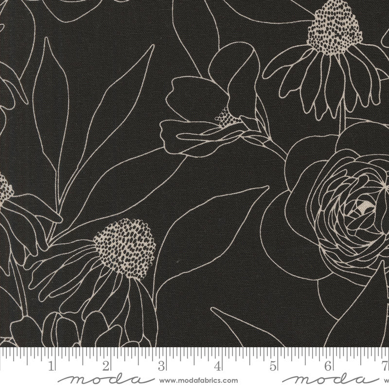 Cotton quilting fabric pattern called 'Mochi Linen in Ink'. Part of the 'Botany' fabric collection. Designed by Alli K Design for fabric company MODA. SKU: 11557 12L. 44-45 inch width.