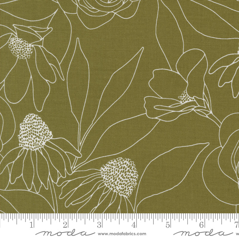 Cotton quilting fabric pattern called 'Etched Floral in Fern'. Part of the 'Botany' fabric collection. Designed by Alli K Design for fabric company MODA. SKU: 11557 18. 44-45 inch width.