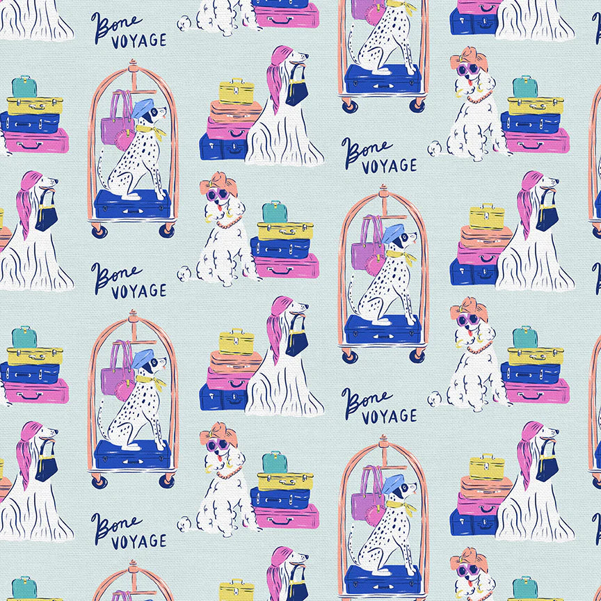 Cotton quilting fabric pattern called 'Bone Voyage in Multi'. Part of the 'Pampered Pets' fabric collection. Designed by PBS Collection for fabric company Paintbrush Studio. SKU: 120-24382. 44-45 inch width.