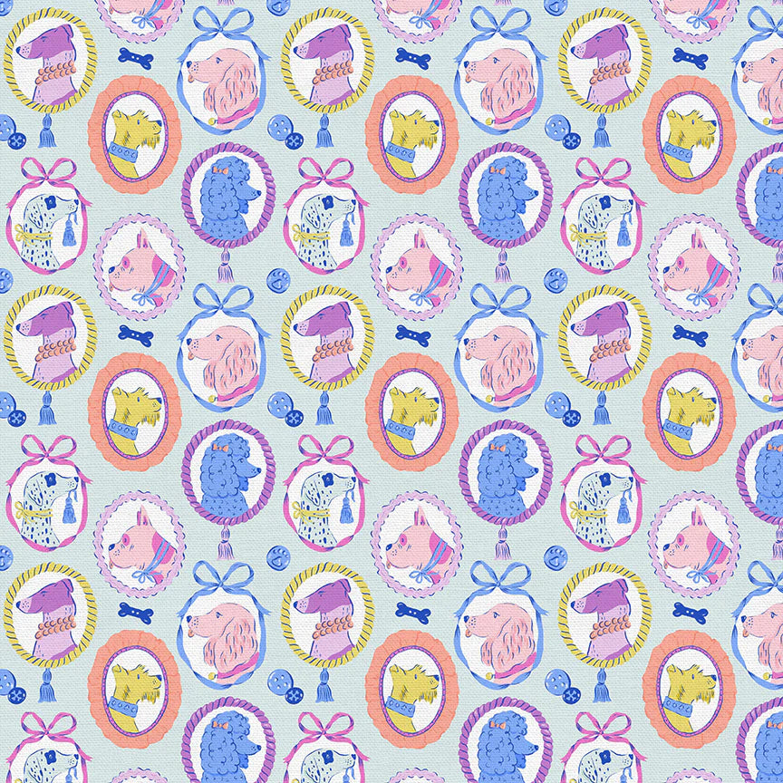 Cotton quilting fabric pattern called 'Canine Keepsakes in Multi'. Part of the 'Pampered Pets' fabric collection. Designed by PBS Collection for fabric company Paintbrush Studio. SKU: 120-24383. 44-45 inch width.