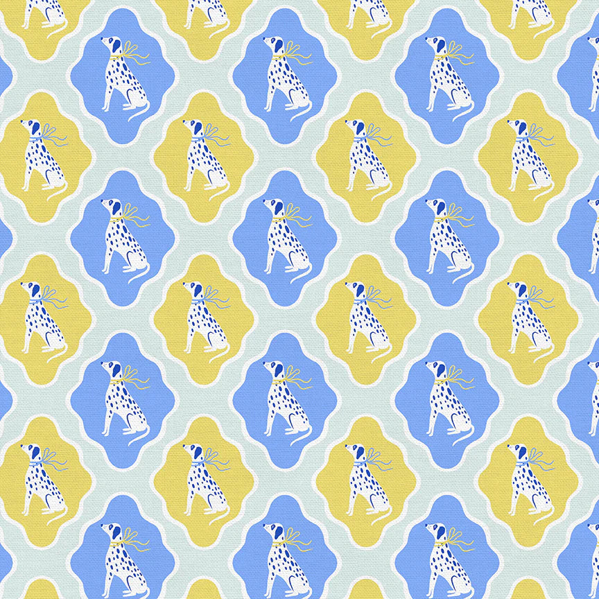 Cotton quilting fabric pattern called 'Dalmatian Diamonds in Blue/Mint'. Part of the 'Pampered Pets' fabric collection. Designed by PBS Collection for fabric company Paintbrush Studio. SKU: 120-24384. 44-45 inch width.