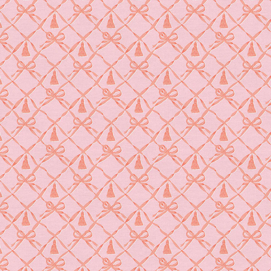 Cotton quilting fabric pattern called 'Pets Bow Trellis in Pink'. Part of the 'Pampered Pets' fabric collection. Designed by PBS Collection for fabric company Paintbrush Studio. SKU: 120-24388. 44-45 inch width.