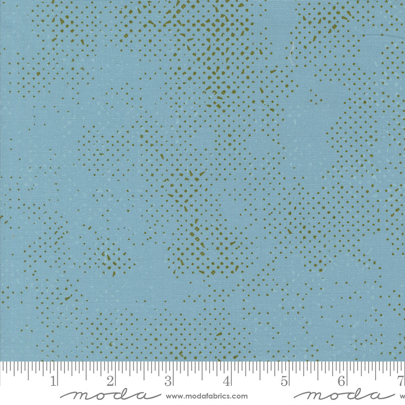 Cotton quilting fabric pattern called 'Spotted in Glacier'. Part of the 'Olive You' fabric collection. Designed by Zen Chic for fabric company MODA. SKU: 1660 235. 44-45 inch width.