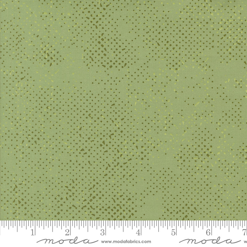 Cotton quilting fabric pattern called 'Spotted in Sage'. Part of the 'Olive You' fabric collection. Designed by Zen Chic for fabric company MODA. SKU: 1660 237. 44-45 inch width.