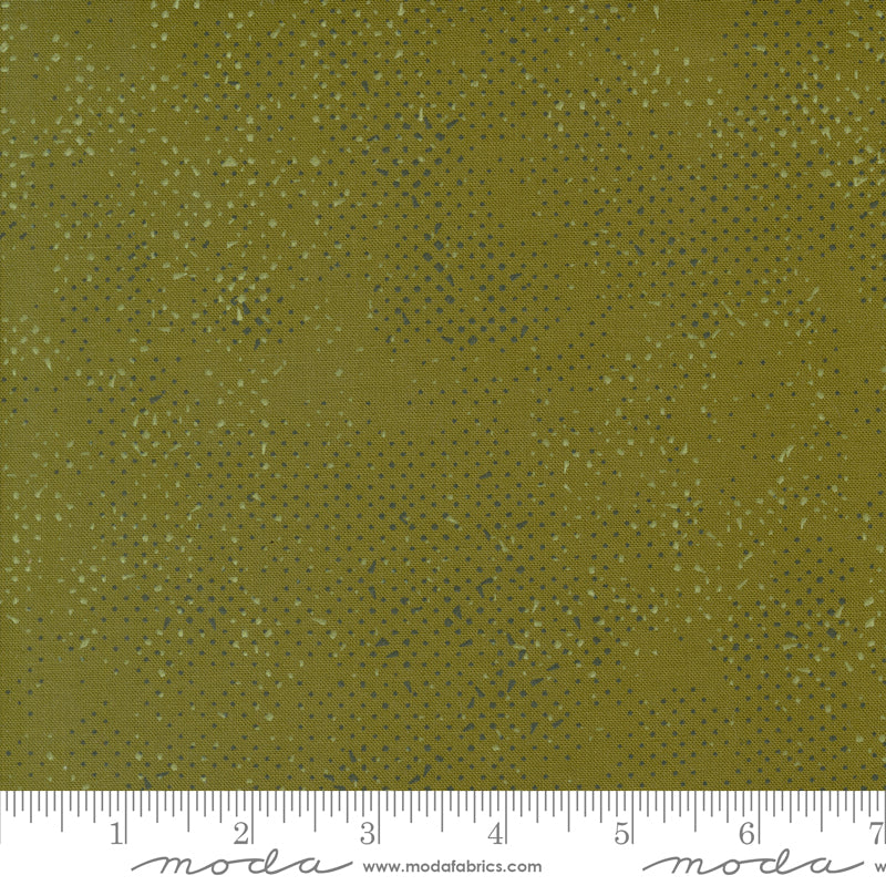 Cotton quilting fabric pattern called 'Spotted in Olive'. Part of the 'Olive You' fabric collection. Designed by Zen Chic for fabric company MODA. SKU: 1660 238. 44-45 inch width.