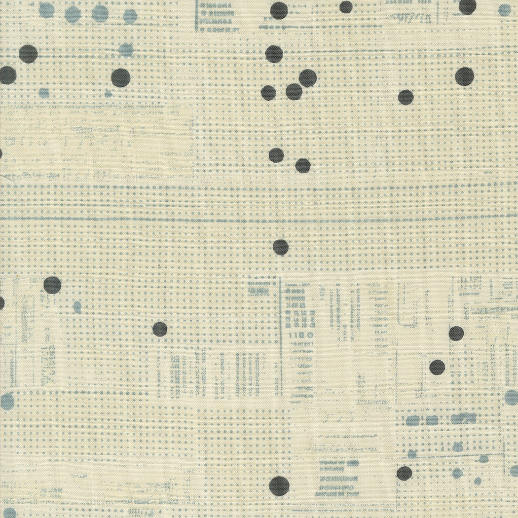 Cotton quilting fabric pattern called 'Tickets in Eggshell'. Part of the 'Still More Paper' fabric collection. Designed by Zen Chic for fabric company MODA. SKU: -10621. 44-45 inch width.