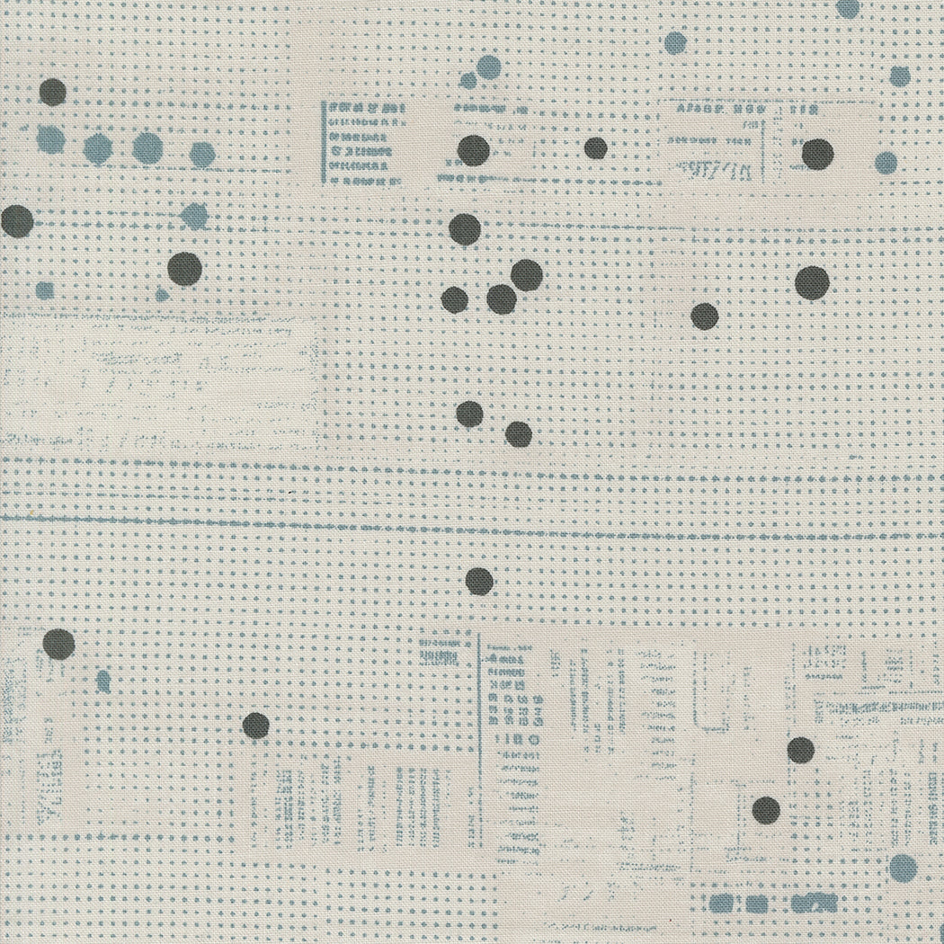 Cotton quilting fabric pattern called 'Tickets in Fog'. Part of the 'Still More Paper' fabric collection. Designed by Zen Chic for fabric company MODA. SKU: 1870 13. 44-45 inch width.