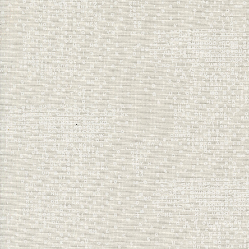 Cotton quilting fabric pattern called 'Spell It Again in Fog'. Part of the 'Still More Paper' fabric collection. Designed by Zen Chic for fabric company MODA. SKU: 1871 13. 44-45 inch width.