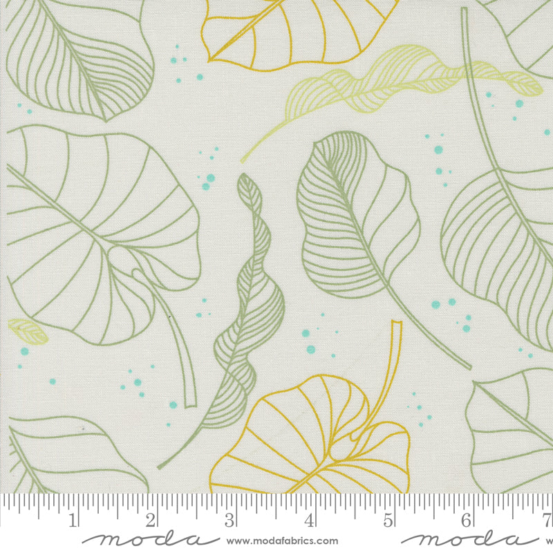 Cotton quilting fabric pattern called 'Leaves in Fog'. Part of the 'Olive You' fabric collection. Designed by Zen Chic for fabric company MODA. SKU: -6968. 44-45 inch width.