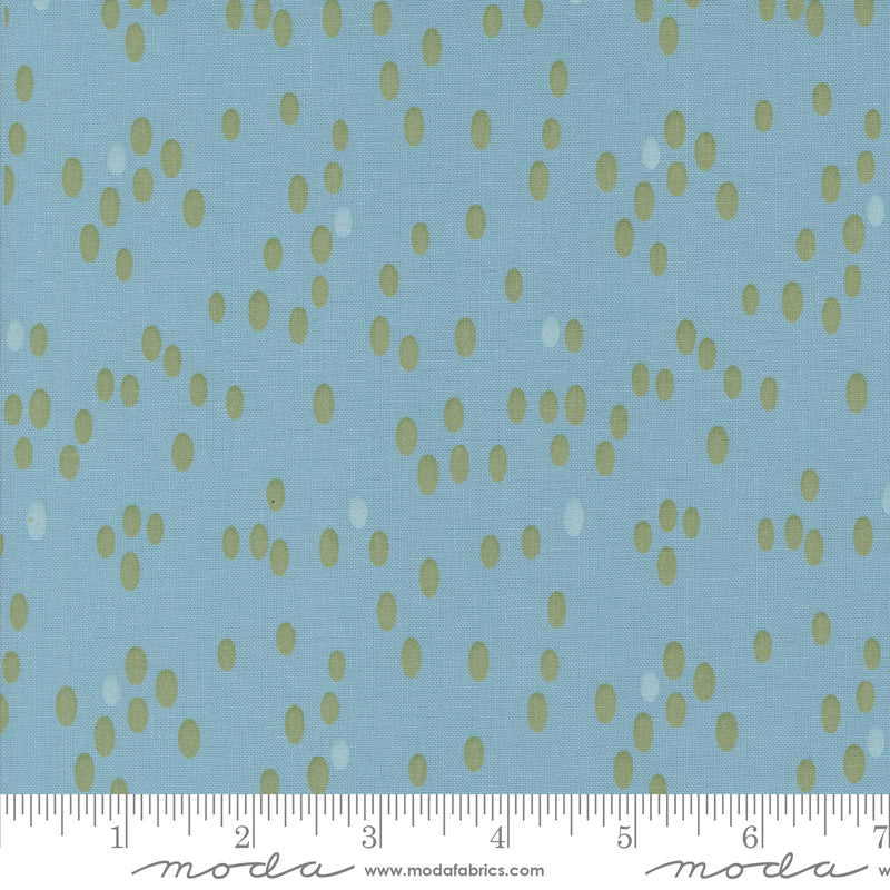 Cotton quilting fabric pattern called 'Dots in Glacier'. Part of the 'Olive You' fabric collection. Designed by Zen Chic for fabric company MODA. SKU: 1882 15. 44-45 inch width.