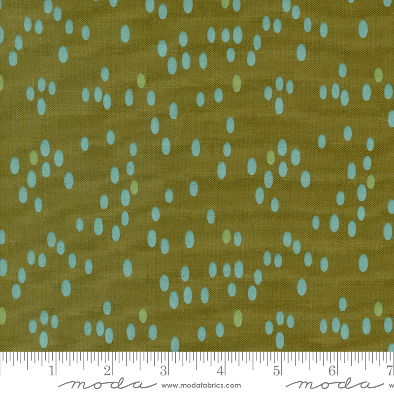 Cotton quilting fabric pattern called 'Dots in Olive'. Part of the 'Olive You' fabric collection. Designed by Zen Chic for fabric company MODA. SKU: 1882 17. 44-45 inch width.