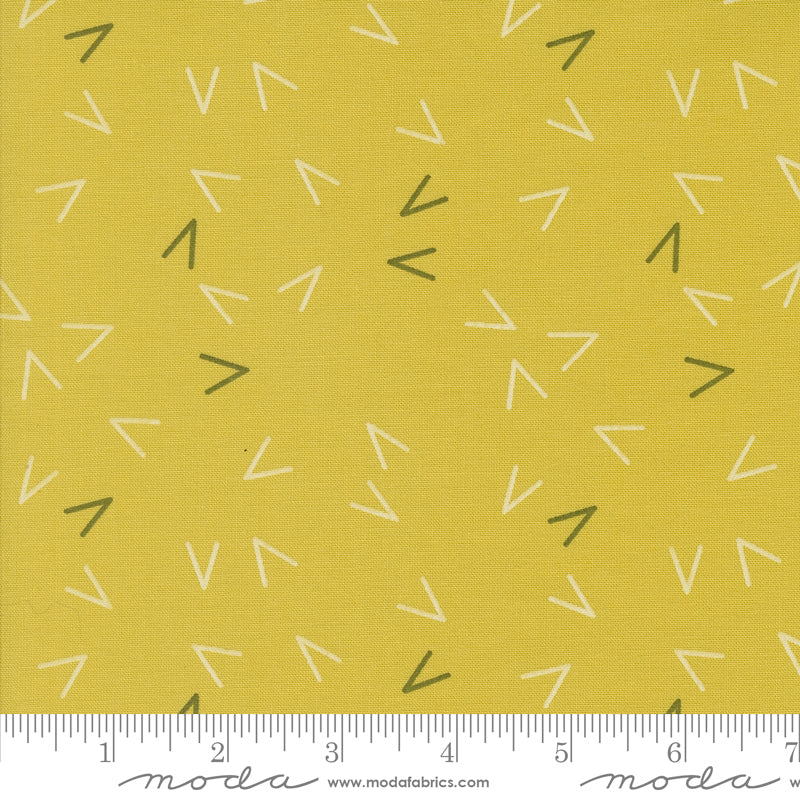 Cotton quilting fabric pattern called 'Arrows in Maize'. Part of the 'Olive You' fabric collection. Designed by Zen Chic for fabric company MODA. SKU: -5903. 44-45 inch width.