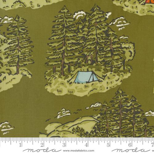 Cotton quilting fabric pattern called 'Vintage Camping in Forest'. Part of the 'The Great Outdoors' fabric collection. Designed by Stacy Iest Hsu for fabric company Moda. SKU: 20880 13. 44-45 inch width.